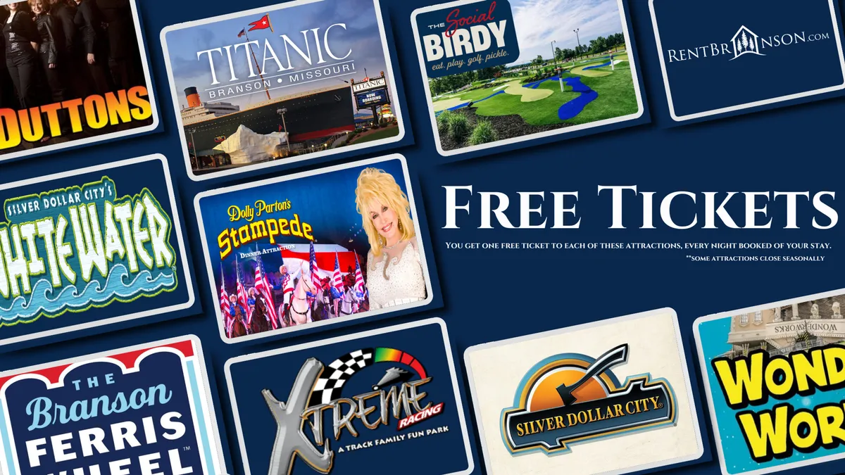 An interior display featuring a montage of attraction logos and the text 'FREE TICKETS,' alongside images representing Branson's theme parks, live shows, and family-friendly destinations. The scene is colorful and packed with local excitement.