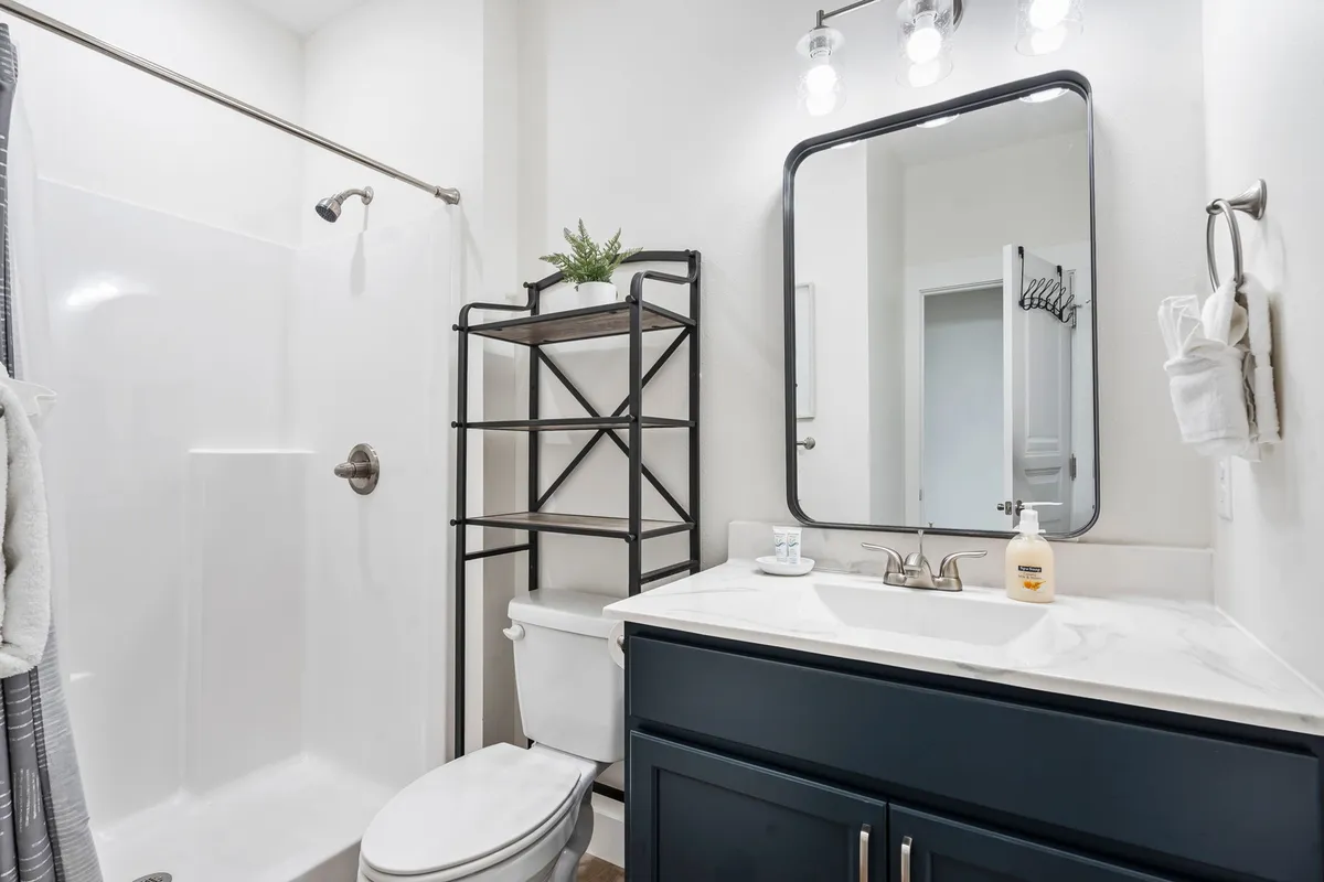 A modern bathroom with a vanity, large mirror, open step-in shower, and touches of greenery from a shelf with plants. The space is clean, fresh, and inviting, ideal for self-care routines and relaxing showers.